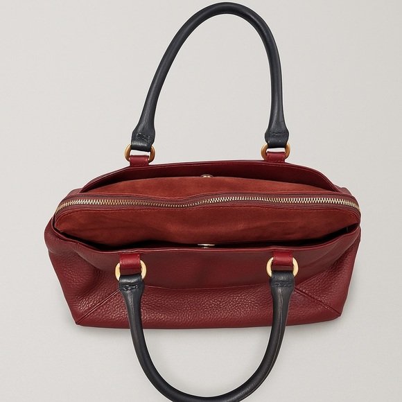 Iacucci Italian Pebbled Leather Suede Satchel Handbag Red Oxblood Blue Handles - Picture 7 of 14